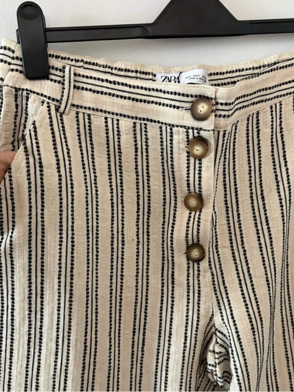 Zara Embroidered Striped Rustic Cotton & Linen Tapered Cropped Pants Size L NWT